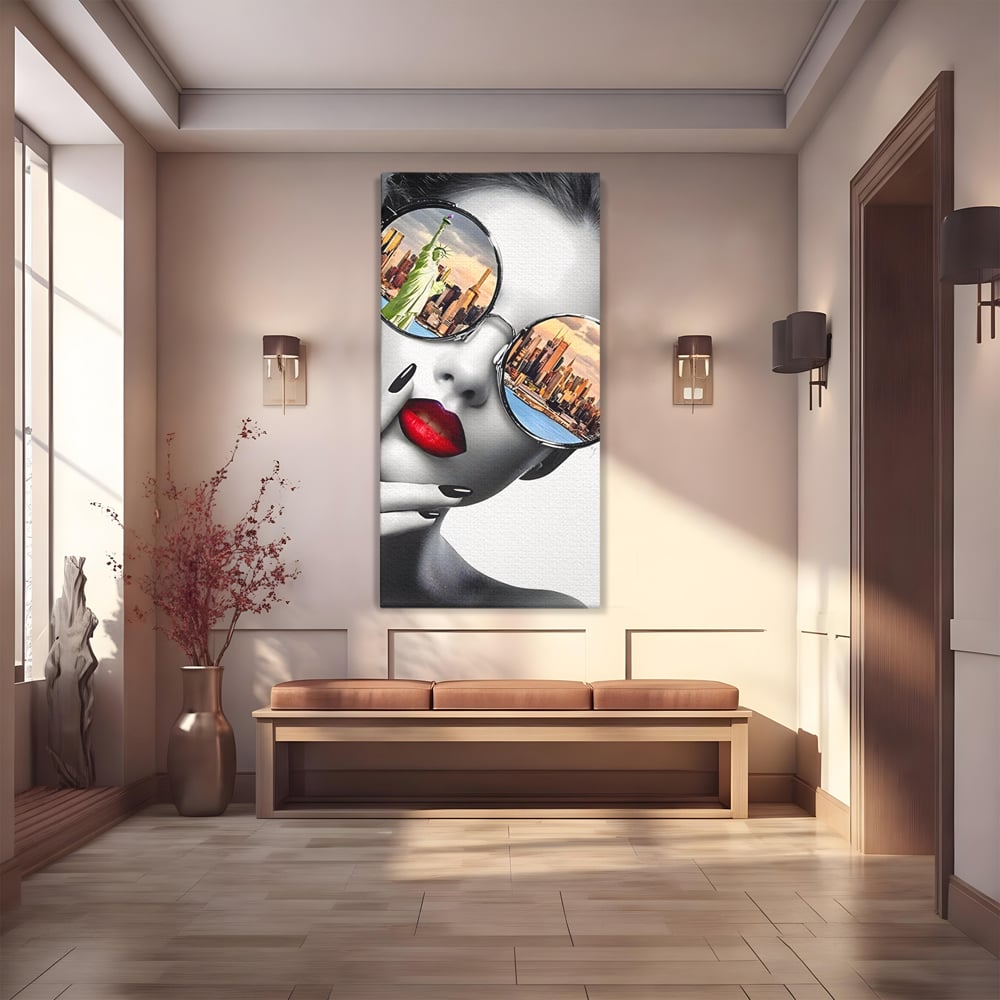 Tablou canvas cu tablou canvas cu portret femeie ochelari, fara rama, pe sasiu de lemn